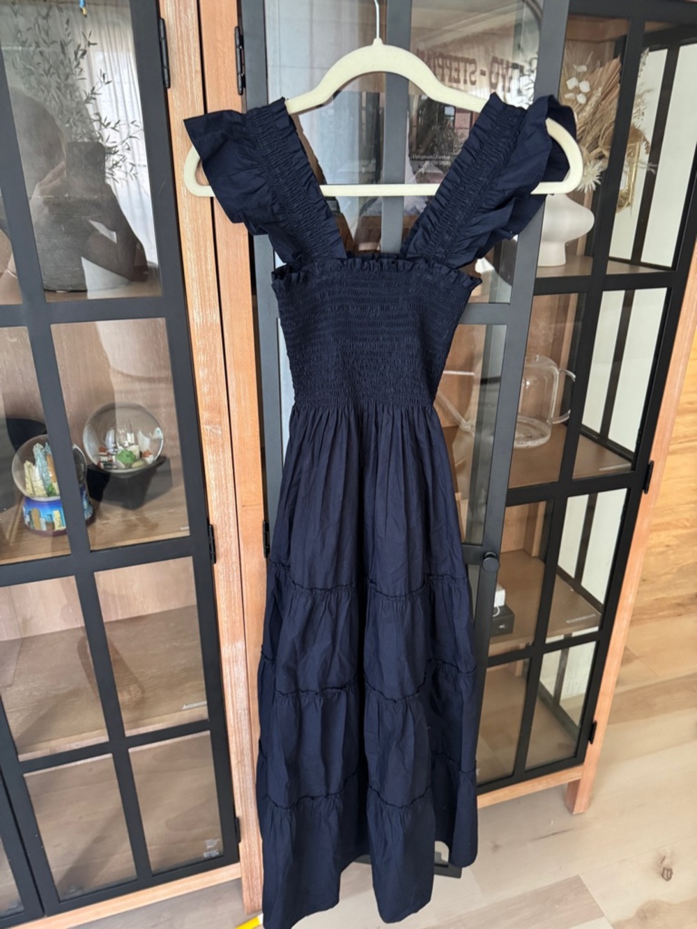 Quince nap dress Poplin Smocked Midi ruffles square neck tiered hill house navy - Picture 2 of 7